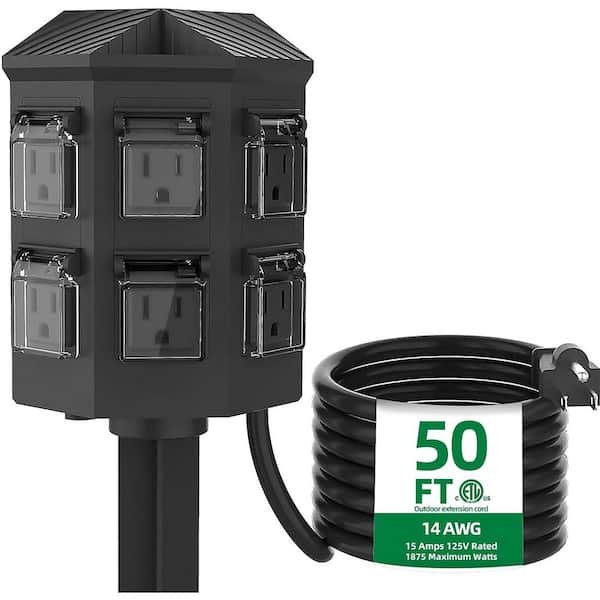 Outdoor Power Strip with Stake, 50 FT Extension Cord Waterproof, 6 Grounded Outlets for Outdoor Decorations in Black