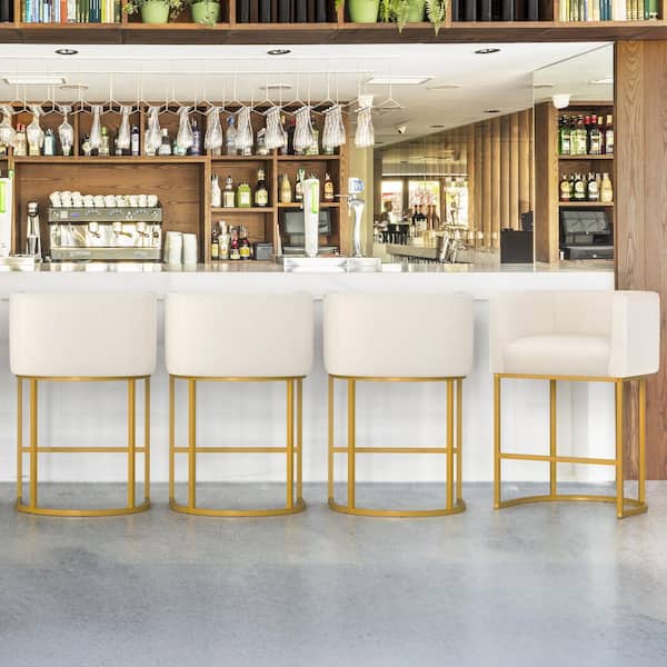 26 in. Beige and Gold Low Back Bar Stool with Metal Frame Counter Height Linen Fabric Counter Stool (Set of 4)