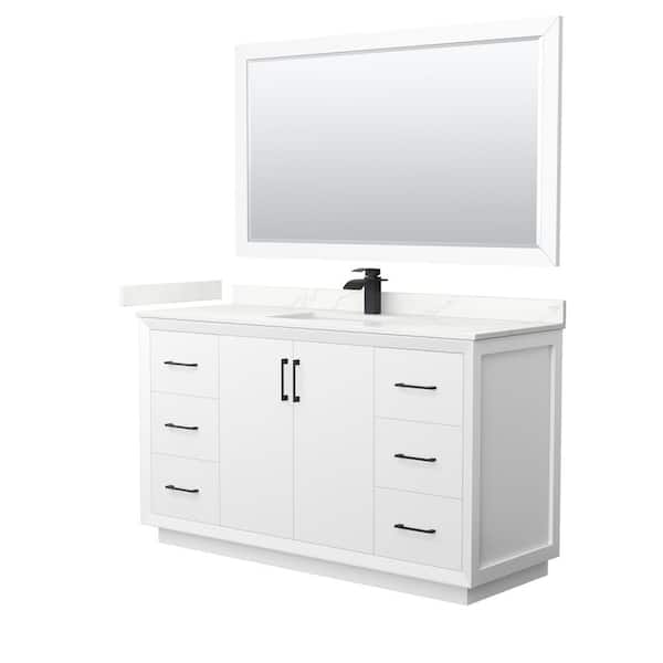 Wyndham Collection Strada 60 in. W x 22 in. D x 35 in. H Single Bath Vanity in White with Giotto Quartz Top and 58 in. Mirror