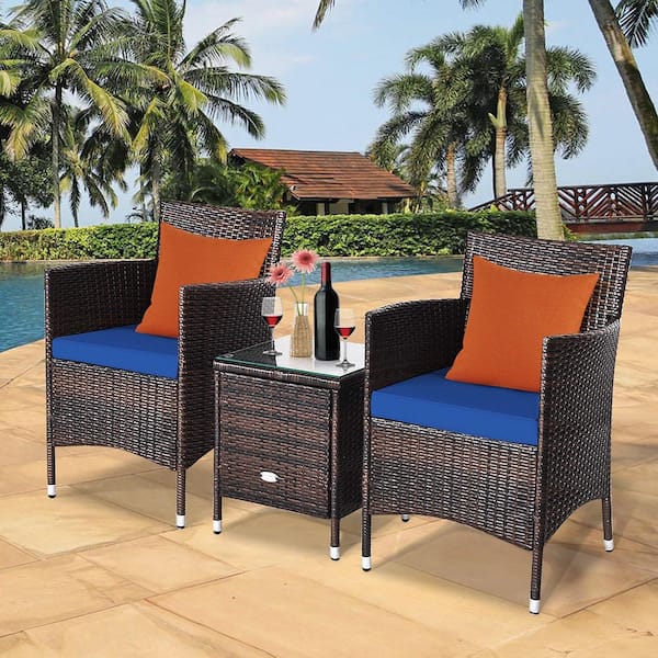 3-Piece Rattan Patio Chair and Table Furniture Set Outdoor with Navy Cushion