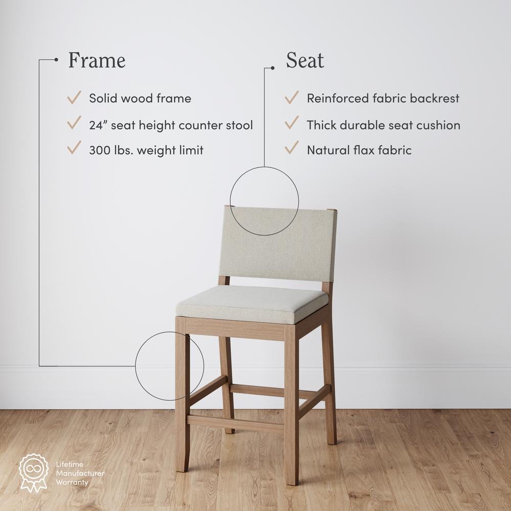 Linus Natural Flax Upholstered Bar Stools with Rubberwood Legs, Set of 4