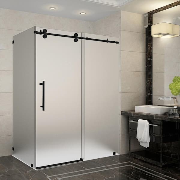 Aston Langham 56 in. - 60 in. x 33.8125 in. x 75 in. Frameless Corner Sliding Shower Door with Frosted Glass in Matte Black