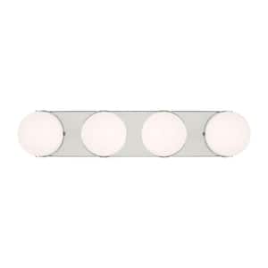 Syrie Large 25.125 in. 4-Light Polished Nickel Integrated LED Bathroom Vanity Light with Milk Glass Shades