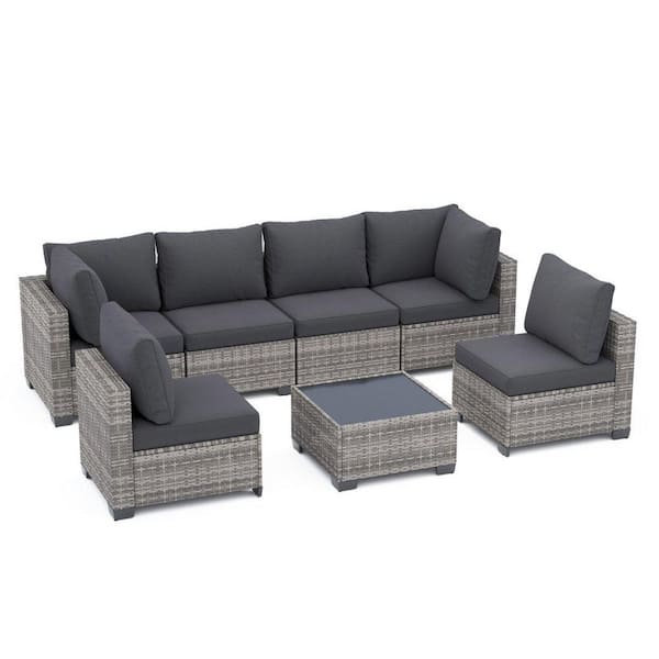 7-Pieces Outdoor Patio Furniture Sets,Grey PE Rattan Wicker Conversation Set with Glass Table and Gray Cushions