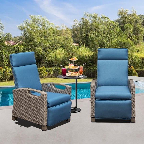 Sudzendf 2-Pack Brown Rattan Wicker Outdoor Recliner Chair with Blue Cushions, Flip Table Push Back and Adjustable Angle