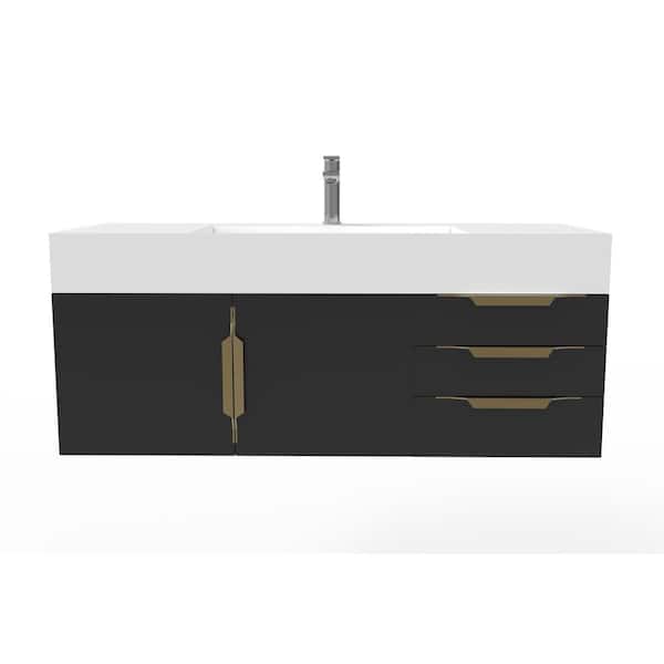 castellousa Maranon 48 in. W x 19 in. D x 19.25 in. H Bath Vanity in Matte Black with Gold Trim and White Solid Surface Top