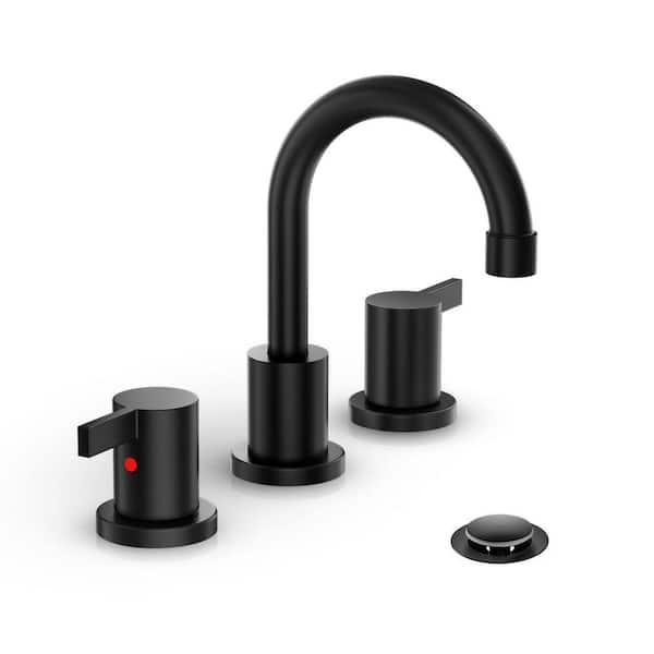 Matte Black 8 Inch Widespread Bathroom Faucet 2 Handle 3 Hole Bathroom Vanity Faucet with Metal Pop Up Drain
