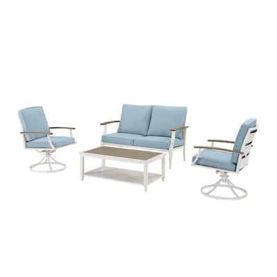 Marina Point 4-Piece White Steel Outdoor Patio Conversation Seating Set with CushionGuard Surf Blue Cushions