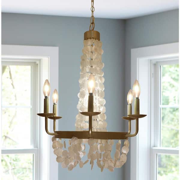 6-Light Brushed Gold Chandelier with Capiz Shells
