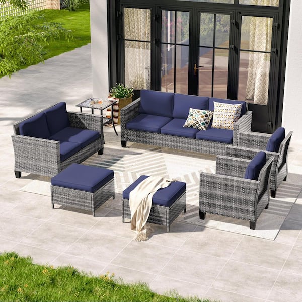 7-Pieces Patio Conversation Set with Glass Tabletop Side Table All-Weather Gray Wicker with Navy Blue Cushions