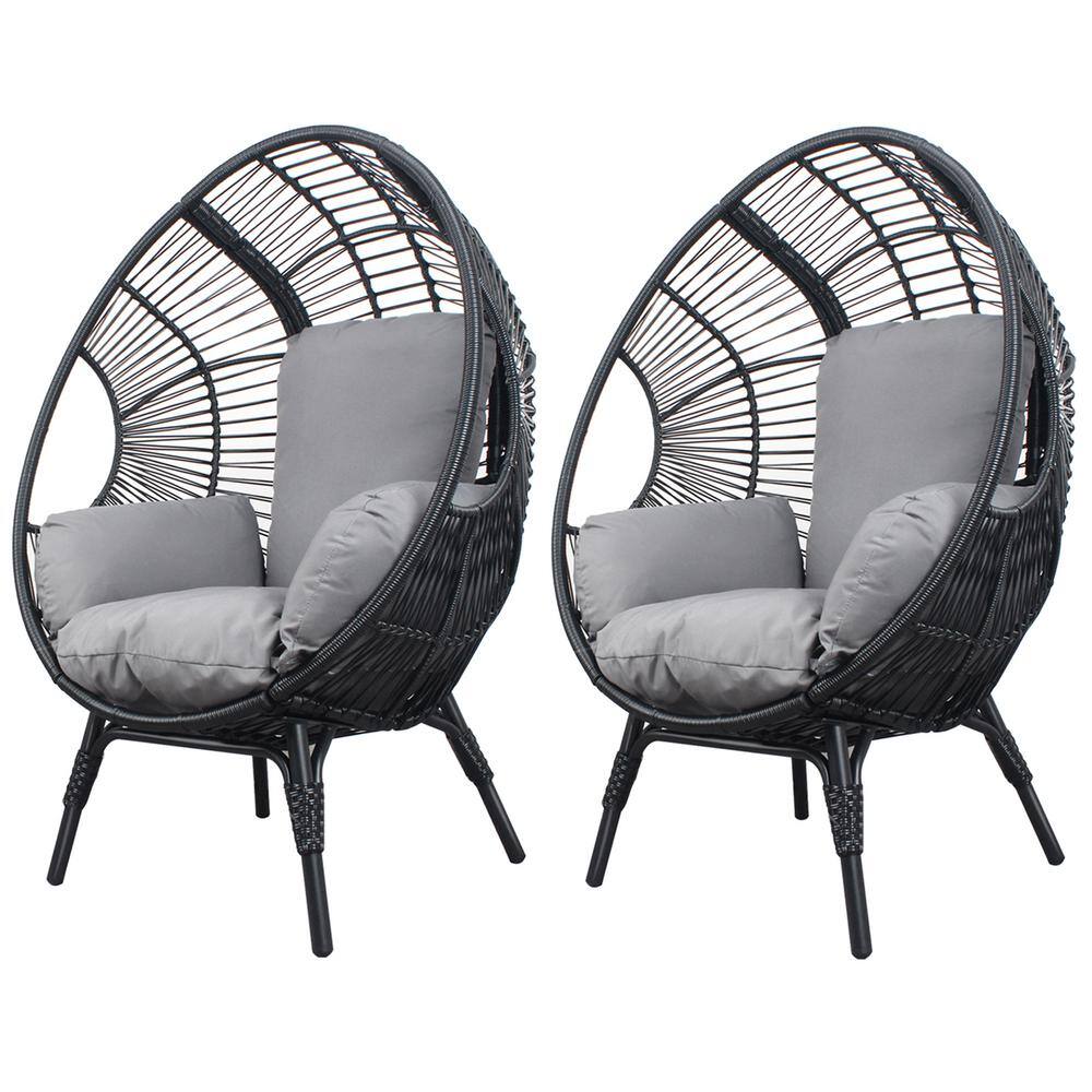 Black 2-Piece Wicker Outdoor Lounge Chair, Patio PE Rattan Egg Chair with G