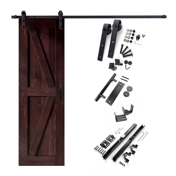 HOMACER 28 in. x 84 in. K-Frame Red Mahogany Solid Pine Wood Interior Sliding Barn Door with Hardware Kit, Non-Bypass