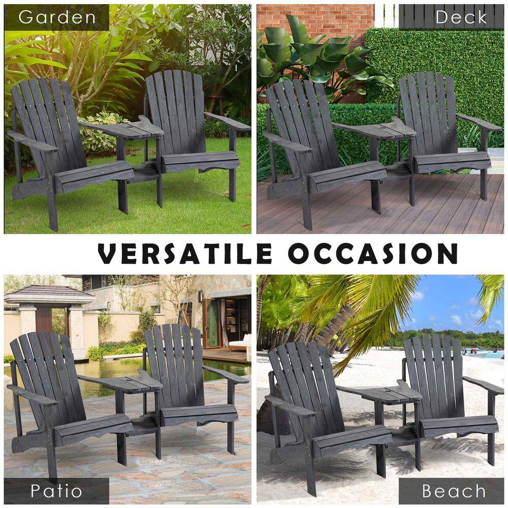 Deep Gray Wooden Adirondack Chairs with Table and Umbrella Hole