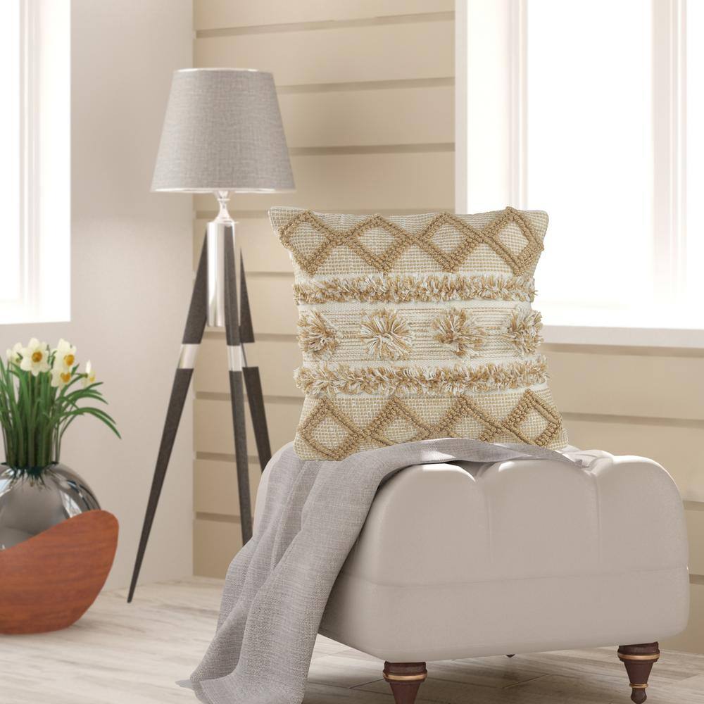 Neutral Beige and Cream Pom Pom Geometric Square Pillow
