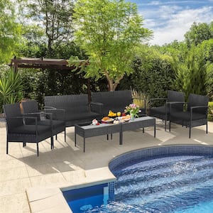 8-Pieces Wicker Patio Conversation Set Cushioned Sofa Armrest Garden with Black Cushion