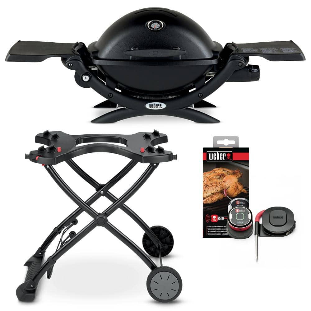 Weber Q 1200 1-Burner Propane Gas Grill Combo in with Rolling Cart and iGrill Mini - The Home Depot