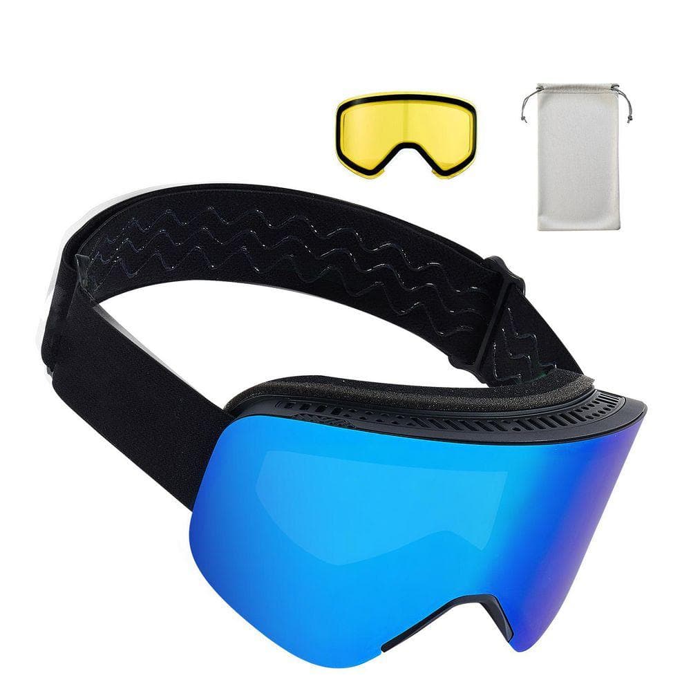 VEVOR Magnetic Cylindrical Ski Goggles, Frameless Dark Blue Revo Lens OTG Anti-Fog Snow Goggles for Men, Ventilated Frame