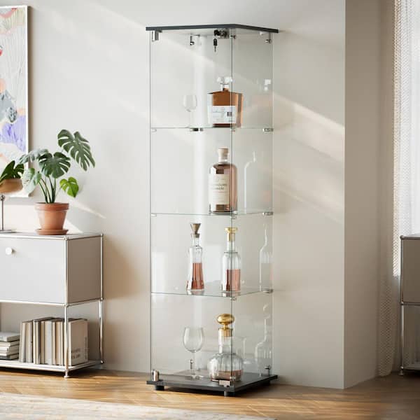 Modern Black 64.2 in. Display Cabinet with 3 Shelves and Tempered Glass Door