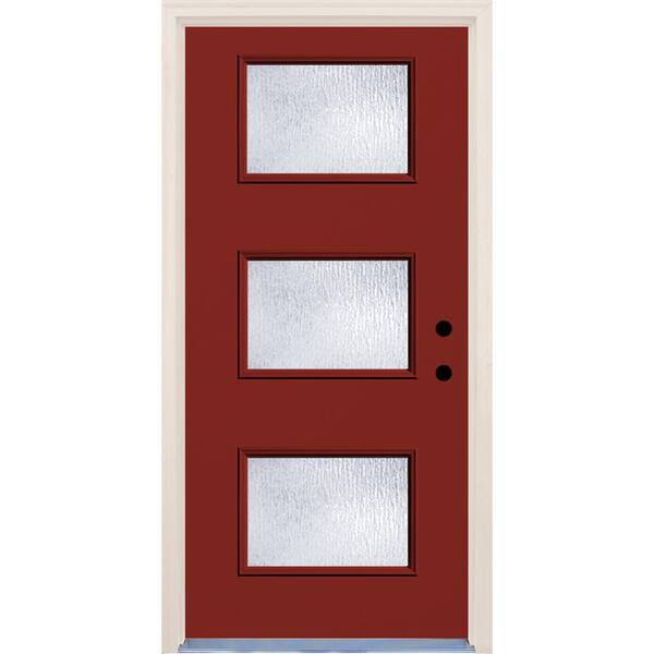 Builders Choice 36 in. x 80 in. Left-Hand Cordovan 3 Lite Rain Glass Painted Fiberglass Prehung Front Door with Brickmould