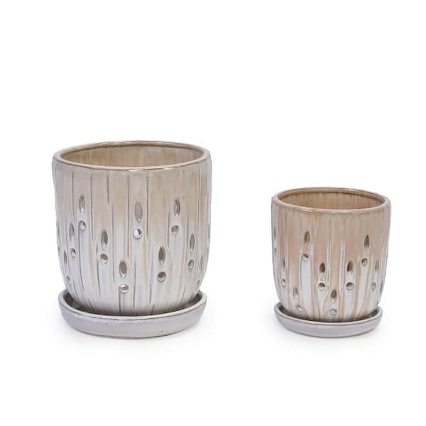 Plastic Round Plant Pot Tray Saucer, Set of 2 Ceramic Plant Pots with  Drainage Holes, 8 in., Modern Plant Pots, Brown H-W3273P322552 - The Home  Depot