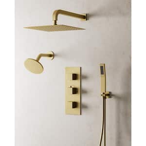 Thermostatic 5-Spray 12 x 6 in. Wall Mount Dual Shower Head and Handheld Shower 2.5 GPM in Brushed Gold (Valve Included)
