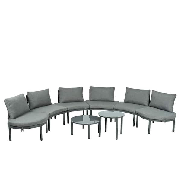 8-Piece Half Moon Wicker Outdoor Sectional Set with High-Low Coffee Tables and Gray Cushions