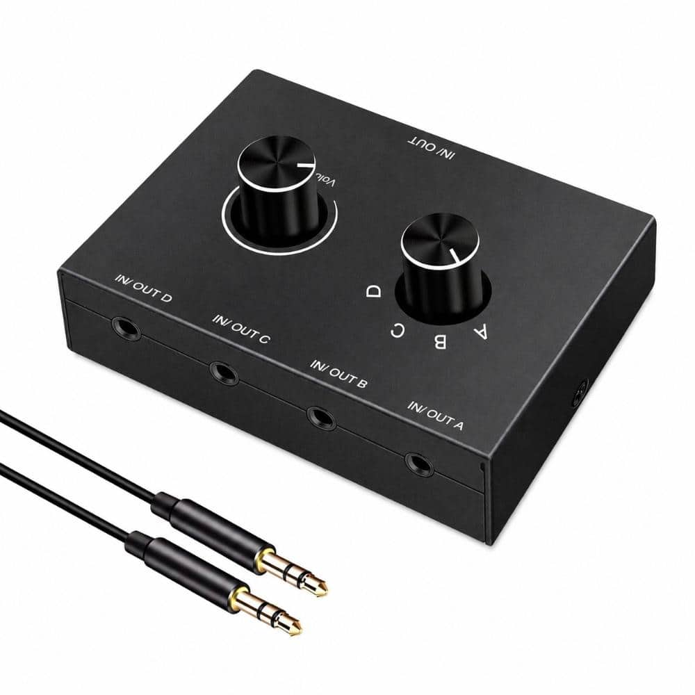 4 Way Stereo Speaker Selector with 3.5 mm Manual Audio Switcher Box Black 3 x 2 x 0.7 in Speaker Selectors