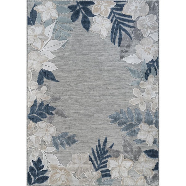 Eden 9 ft. x 12 ft. Blue  Washable Border Floral Indoor Outdoor Area Rug