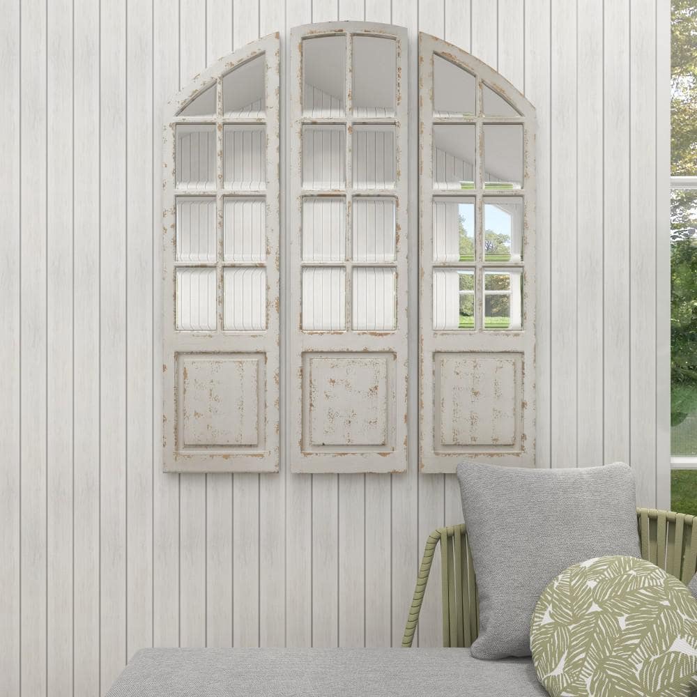 White Distressed Wood Windowpane Arched Decorative Mirror Set