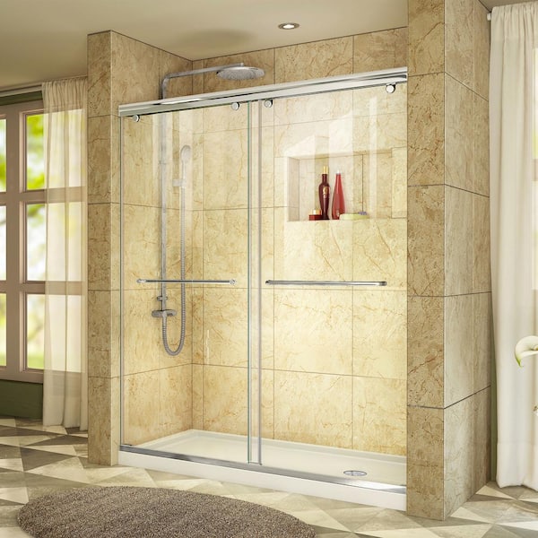 DreamLine Charisma 32 in. x 60 in. x 78.75 in. Semi-Frameless Sliding Shower Door in Chrome and Right Drain White Acrylic Base