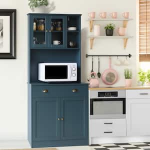 Teal Blue Engineered Wood Kitchen Pantry Cabinet Storage Hutch w/ Adjustable Shelves, Buffet Cupboard, Microwave Stand