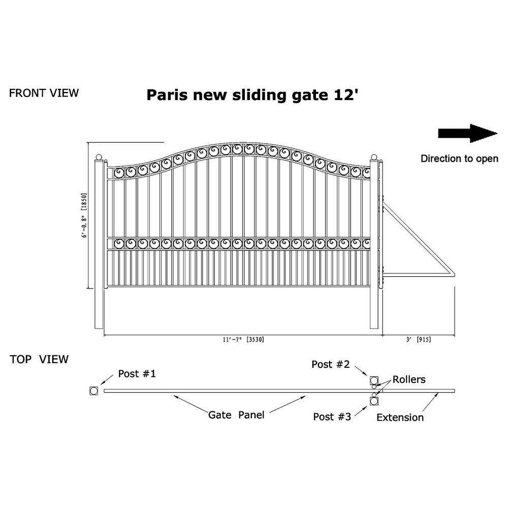 London Style 12' Black Steel Sliding Driveway Gate with Opener