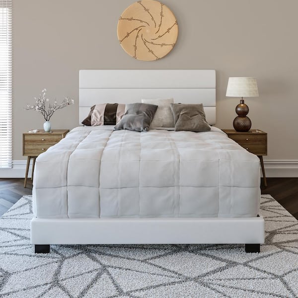Full Upholstered Platform Bed Frame, White Tufted Faux Leather Bed