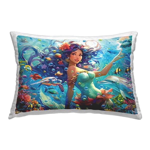 Stupell Industries Underwater Smiling Mermaid Blue Abstract Polyester 14 in. x 20 in. Throw Pillow