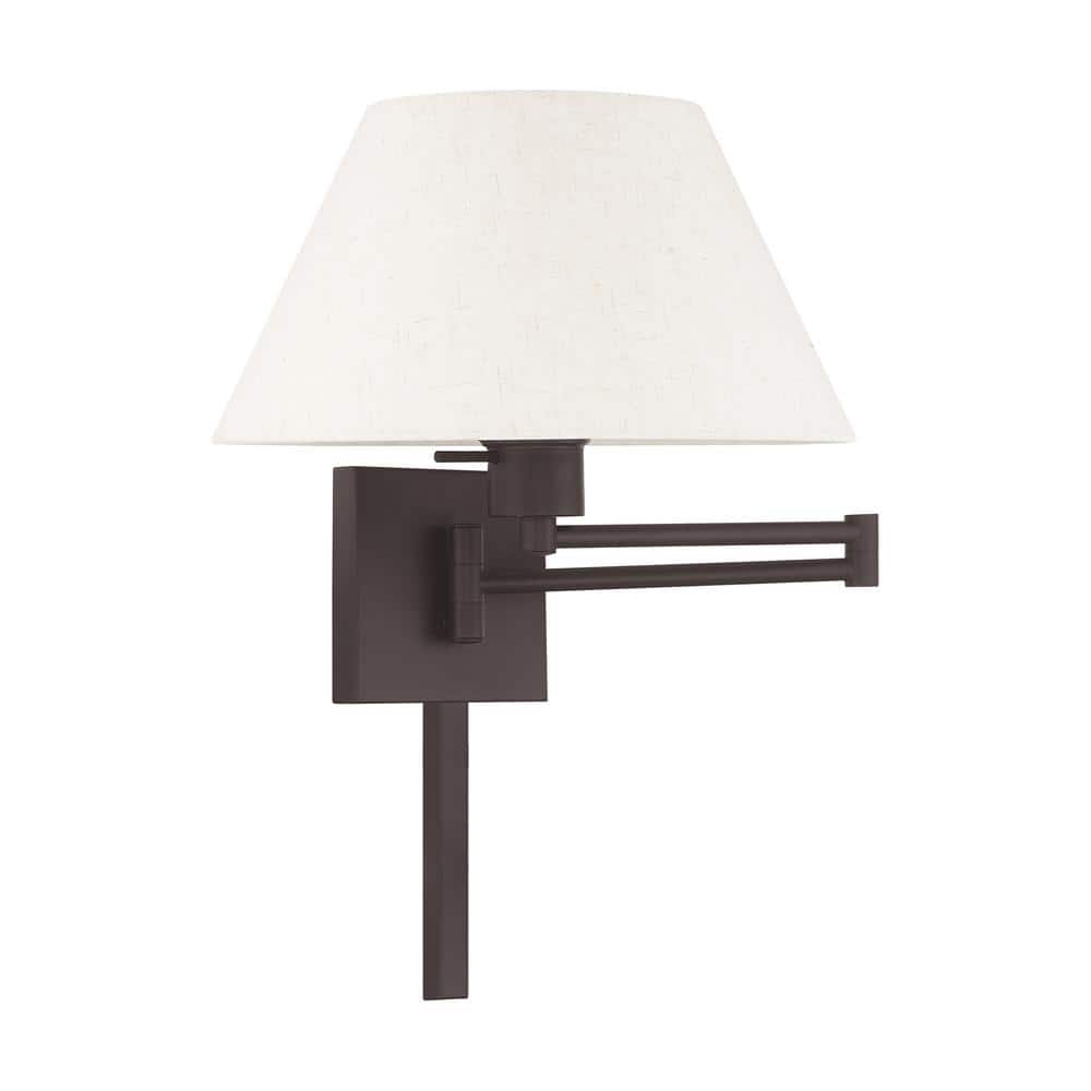 Bronze Finish Swing Arm Wall Lamp with Oatmeal Fabric Shade
