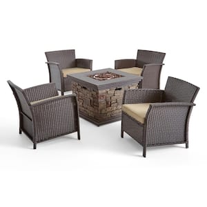 St. Lucia Brown 5-Piece Faux Rattan Patio Fire Pit Conversation Set with Tan Cushions