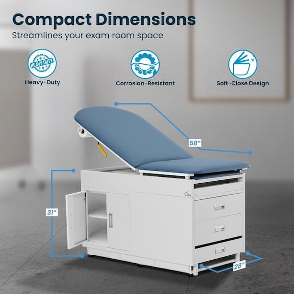 500 lbs. Capacity Steel Grande Underneath Cabinet Adjustable Back Exam Table with Step Stool and Drawers, Blue