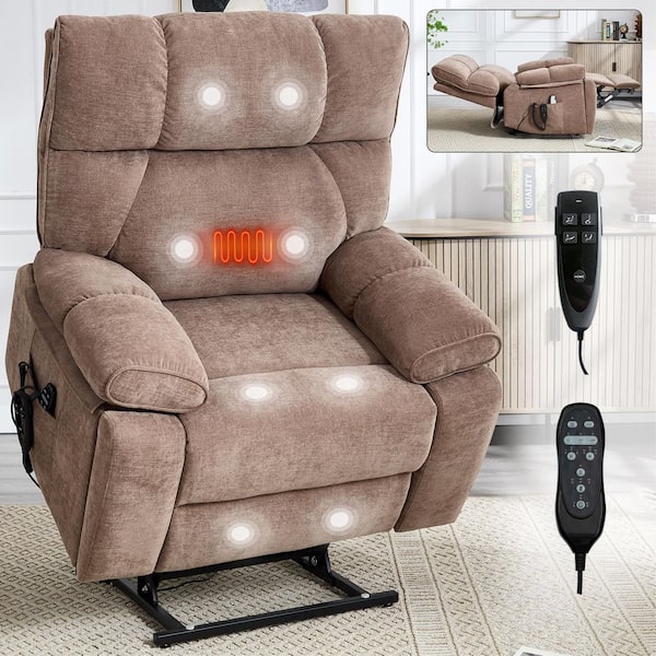Brown Heat Massage Dual Motor Infinite Position Up to 350 LBS Large Chenille Power Lift Recliners with Hidden Cup Holder