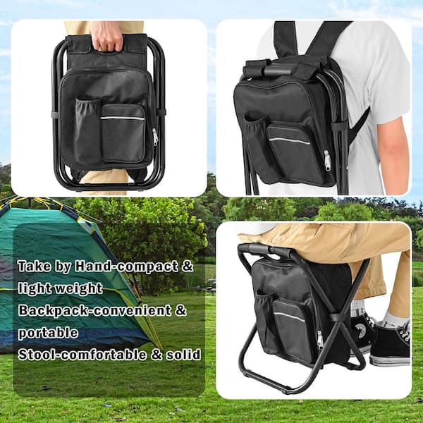 Angel Sar Black Metal Folding Stool Backpack Insulated Cooler Bag