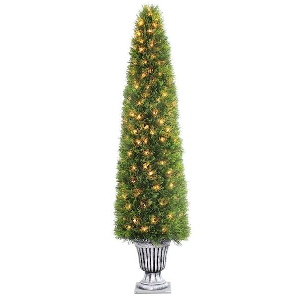 National Tree Company 72 in. Upright Juniper Tree in a Silver Urn with 200 Clear Lights