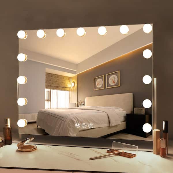 VANITII GLOBAL 22.83 in. W x 19.29 in. H, Rectangular Framed Lighted Magnifying Tabletop Bathroom Vanity Mirror in White