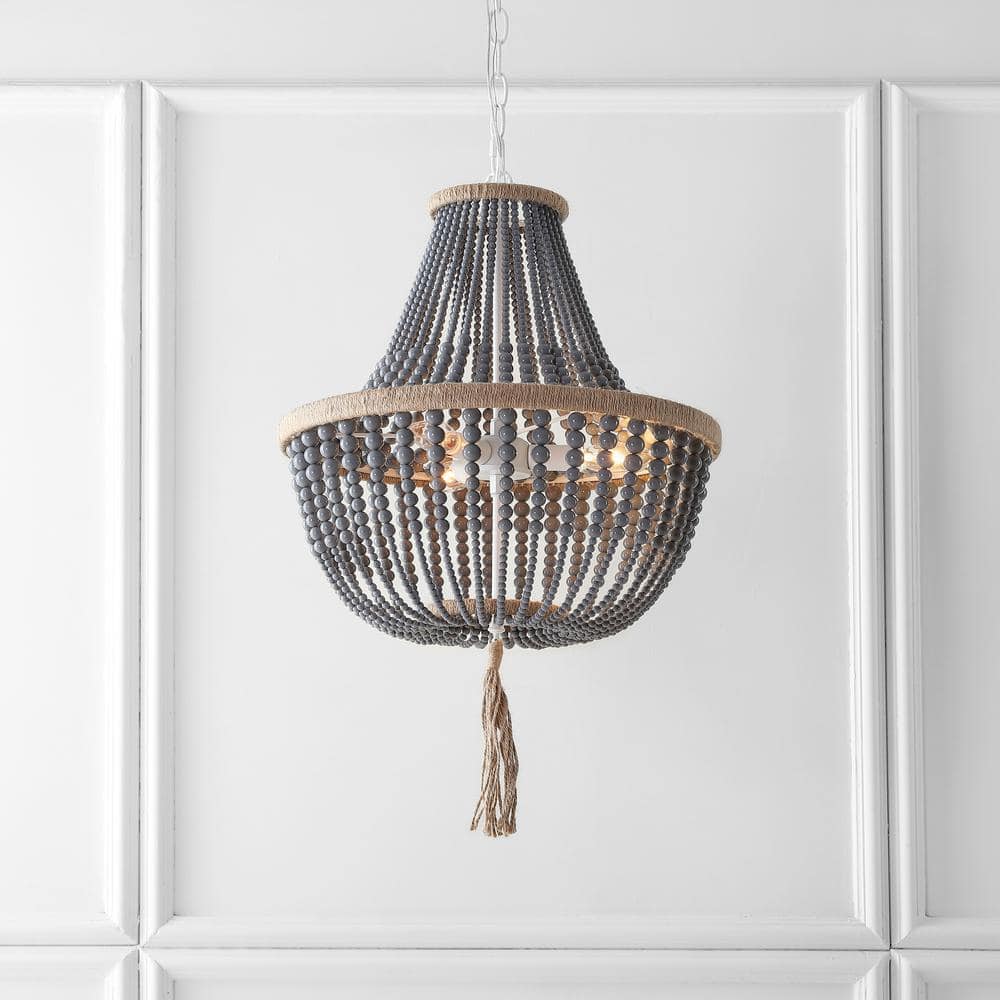 Modern Grey Beaded 16.5" Adjustable Pendant Lamp with Tassel