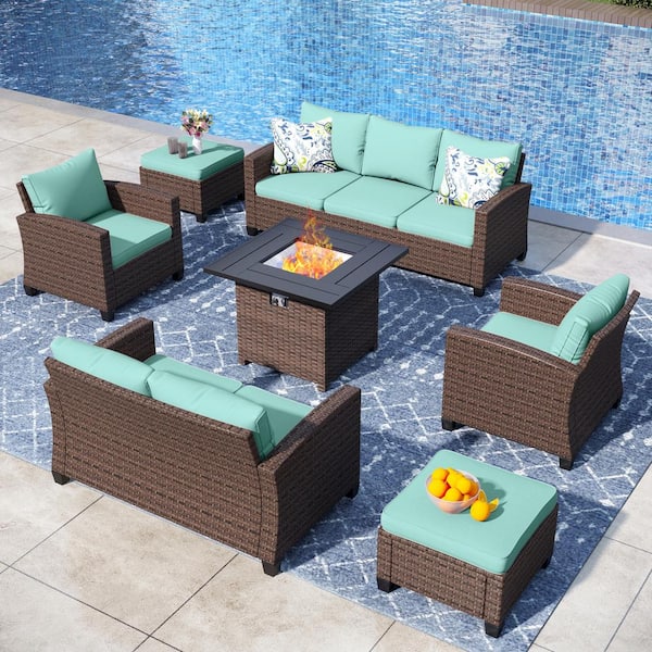 PHI VILLA Brown Rattan Wicker 7-Piece Steel Outdoor Patio Conversation Set with Blue Cushions, Square Fire Pit Table