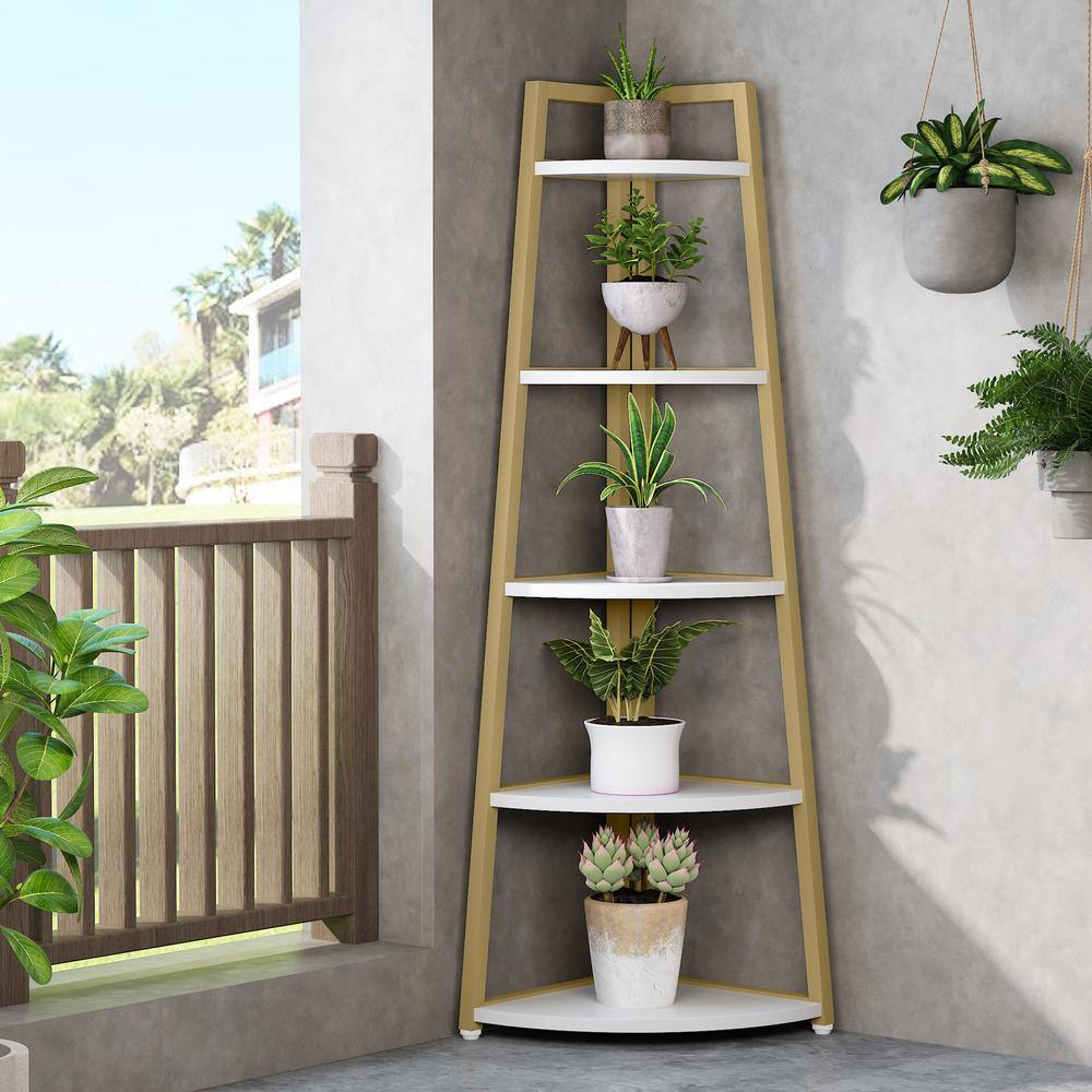 Gold and White 70" 5-Tier Corner Ladder Shelf