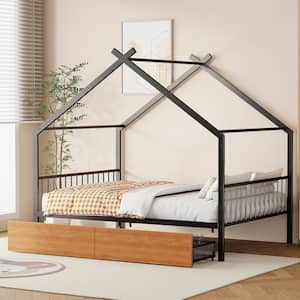 Black Full Size Metal House Bed Platform Bed with 2-Drawers