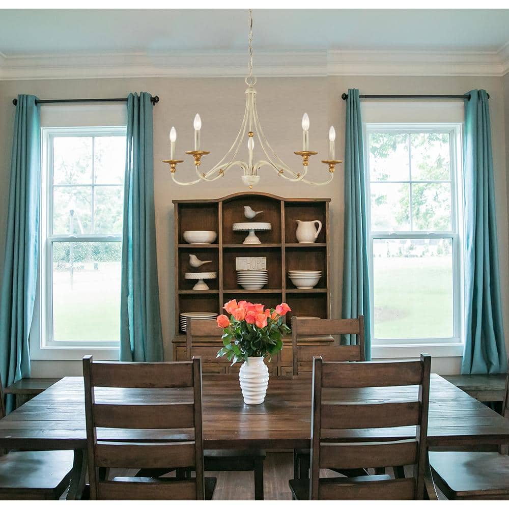 Westchester County 28" Farmhouse White and Gold Leaf 5-Light Chandelier