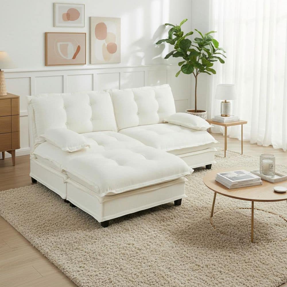 PREM Oversize Modular 77 in.L-Shaped Chenille Sectional Sofa Set in Ivory White with Ottoman and Deep Seat,Easy Assembly