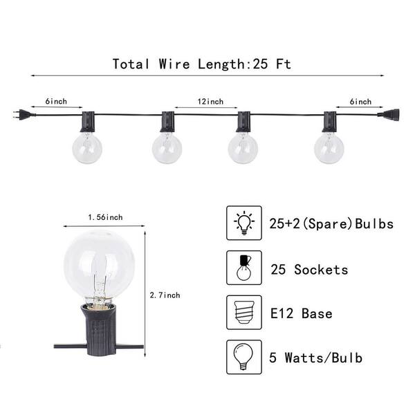 WYZM Outdoor String Lights 25 Shatterproof Bulbs 50 ft. IP65 Weatherproof  for Outside, Patio, Backyard E12-I - The Home Depot