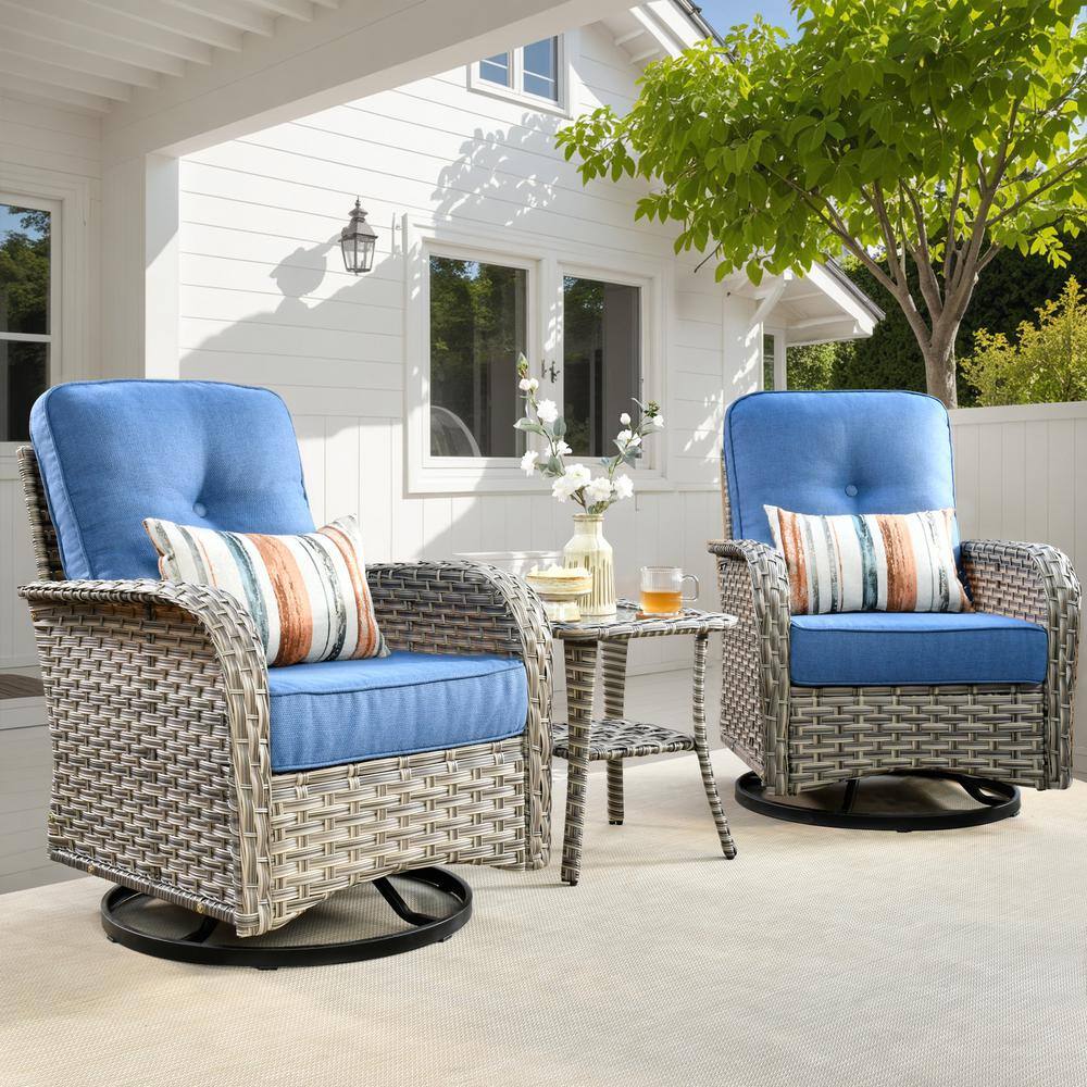 Vinceny Gray 3-Piece Wicker Patio Conversation Seating Set with Diamond Blue Cushions and Swivel Chairs price history on PriceWatchPro