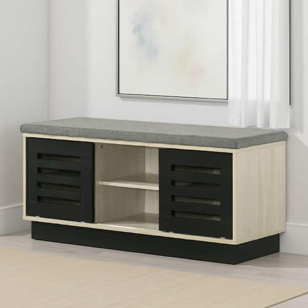 Moxie 17.5 in. H x 38.5 in. W Oak Brown, Light Gray and Black Wood and Fabric Shoe Storage Cabinet
